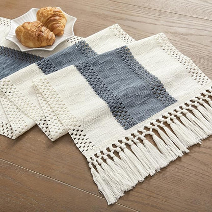 Macrame Style Bicolor Stitching Table Runner 14x90in Navy | Woven Boho Table - Image 7
