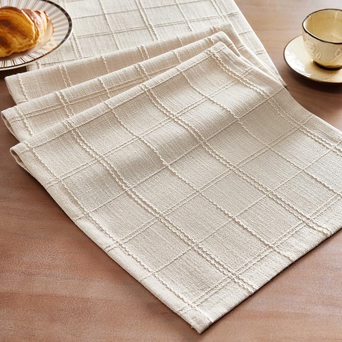 Linen Checked Farmhouse Table Runner, 13x72 Inches Neutral Beige | Raised Grid by ZEEMARTONLINE