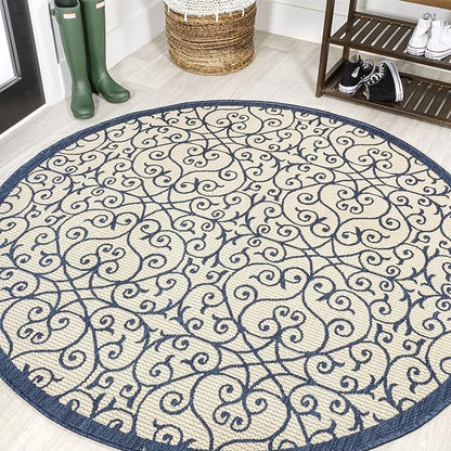 JONATHAN Y Vintage Filigree Indoor Outdoor Round Area Rug 5 Ft Navy/Beige by JONATHANY