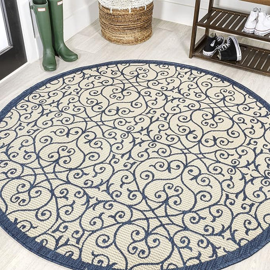 JONATHAN Y Vintage Filigree Indoor Outdoor Round Area Rug 5 Ft Navy/Beige by JONATHANY