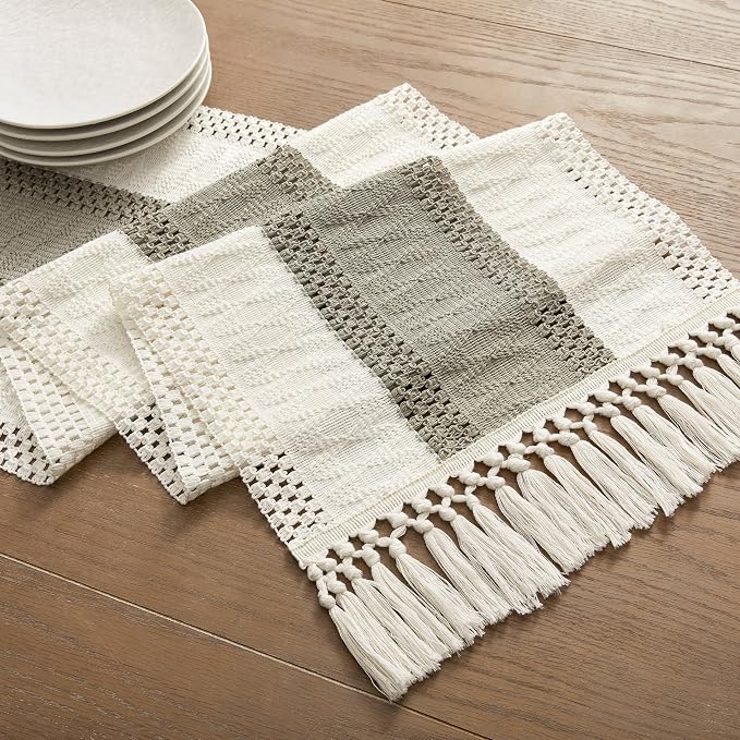 Macrame Style Bicolor Stitching Table Runner 14x60in Dark Sage | Woven Boho - Image 7