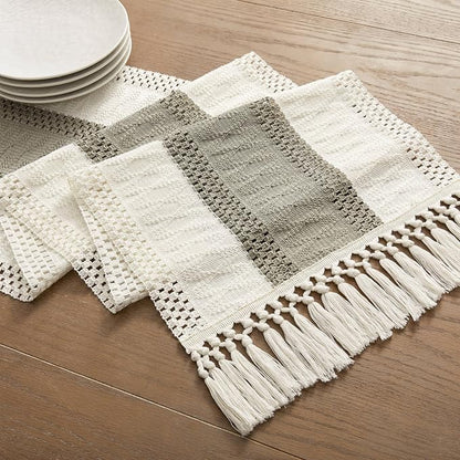 Macrame Style Bicolor Stitching Table Runner 14x48in Dark Sage | Woven Boho - Image 7