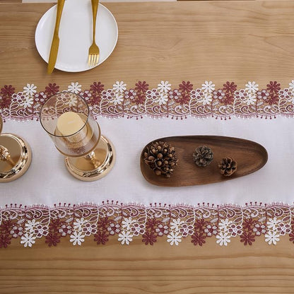 White Dark Red Floral Lace Table Runner Dresser Scarf | Christmas, Floral - Image 6