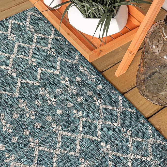 JONATHAN Y Moroccan Geometric Indoor Outdoor Round Area Rug 8 Ft Teal/Gray - Image 8
