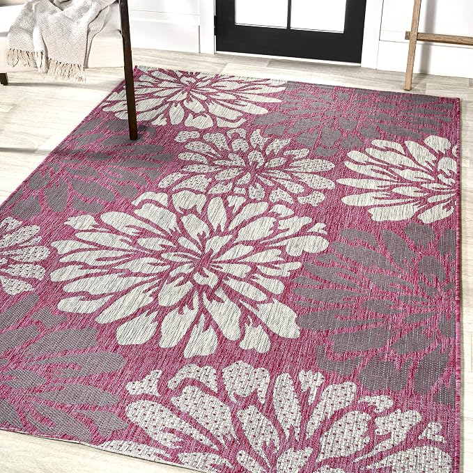 JONATHAN Y Floral Textured Weave Indoor Outdoor Area Rug 5X8 Fuchsia/Light Gray - Image 3