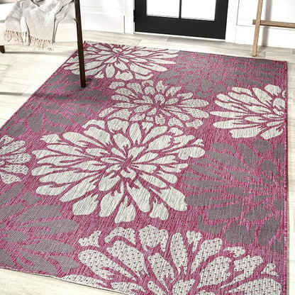 JONATHAN Y Floral Textured Weave Indoor Outdoor Area Rug 5X8 Fuchsia/Light Gray - Image 3