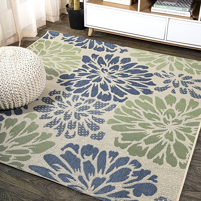 JONATHAN Y Floral Textured Weave Indoor Outdoor Square Area Rug 5X5 Navy/Green by JONATHANY