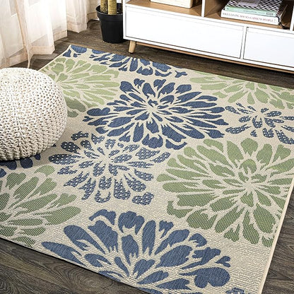 JONATHAN Y Floral Textured Weave Indoor Outdoor Square Area Rug 5X5 Navy/Green by JONATHANY