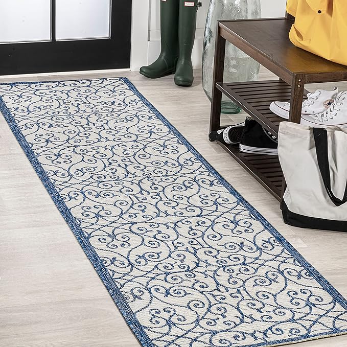 JONATHAN Y Vintage Filigree Indoor Outdoor Runner Rug 2X10 Blue/Cream, Madrid by JONATHANY