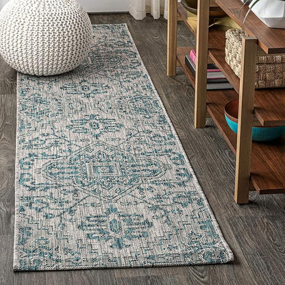 JONATHAN Y Boho Medallion Indoor Outdoor Runner Rug 2X10 Teal/Gray, Estrella by JONATHANY