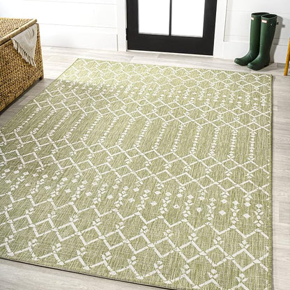 JONATHAN Y Moroccan Geometric Indoor Outdoor Area Rug 5X8 Light Green/Cream - Image 4