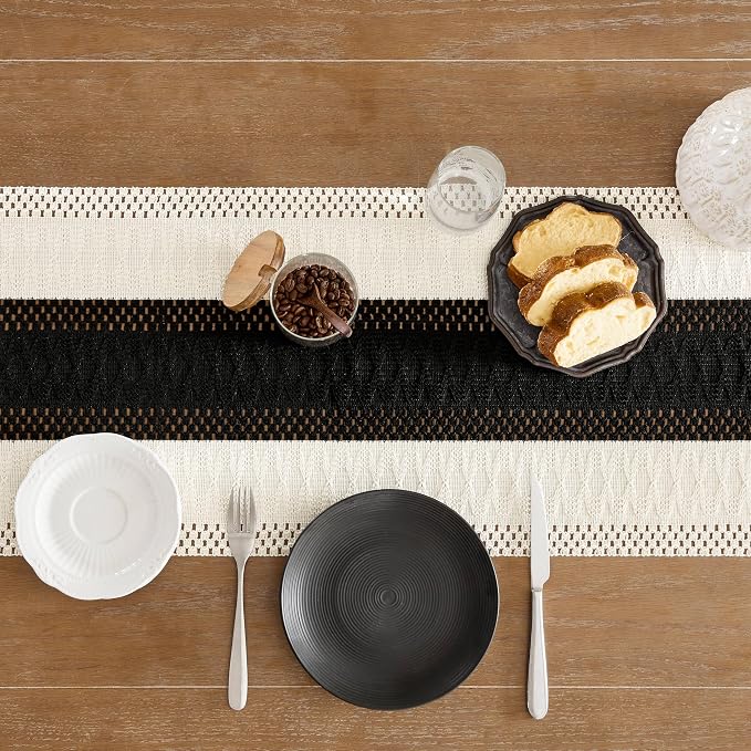 Macrame Style Bicolor Stitching Table Runner 14x48in Black | Woven Boho Table - Image 5