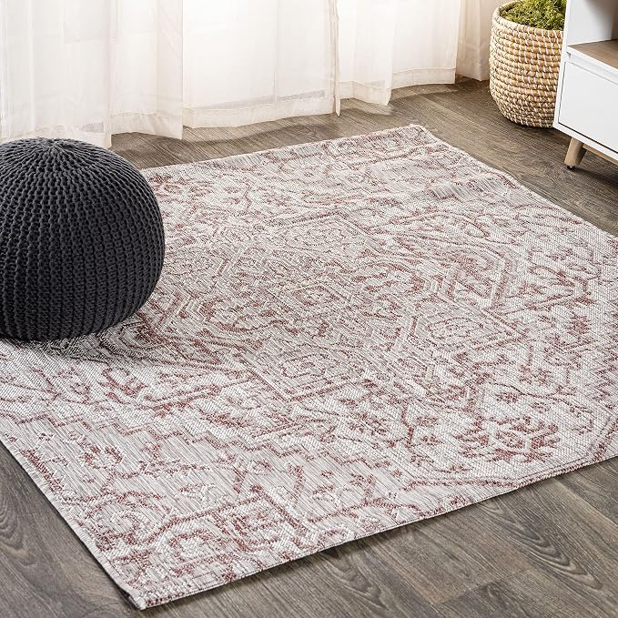 JONATHAN Y Boho Medallion Indoor Outdoor Square Area Rug 6X6 Red/Taupe by JONATHANY
