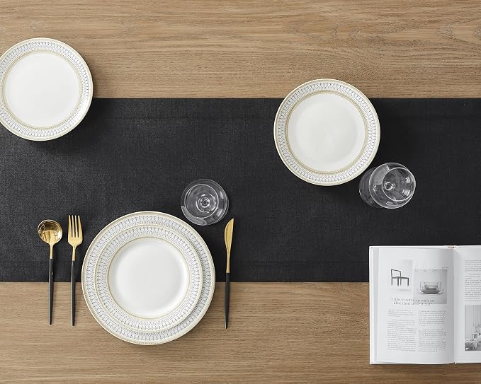 Linen Textured Border Table Runner, 14 x 60 Inch Black | Mitered Corner Design - Image 4