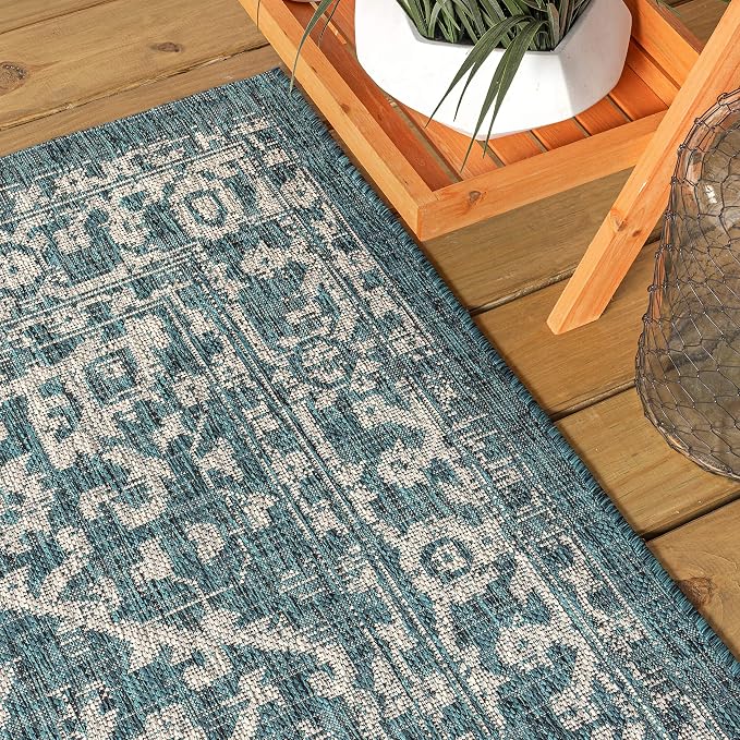 JONATHAN Y Boho Medallion Indoor Outdoor Round Area Rug 5 Ft Teal/Gray - Image 3
