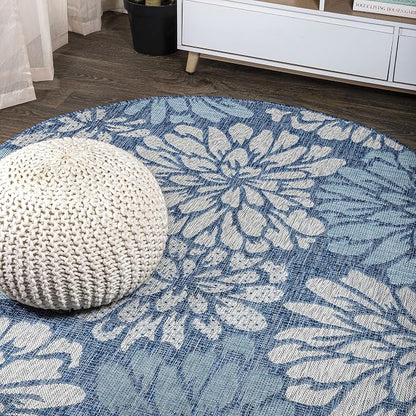 JONATHAN Y Floral Textured Weave Indoor Outdoor Round Area Rug 6 Ft Navy/Aqua by JONATHANY