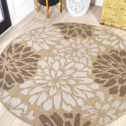 JONATHAN Y Floral Textured Weave Indoor Outdoor Round Area Rug 4 Ft Brown/Cream by JONATHANY