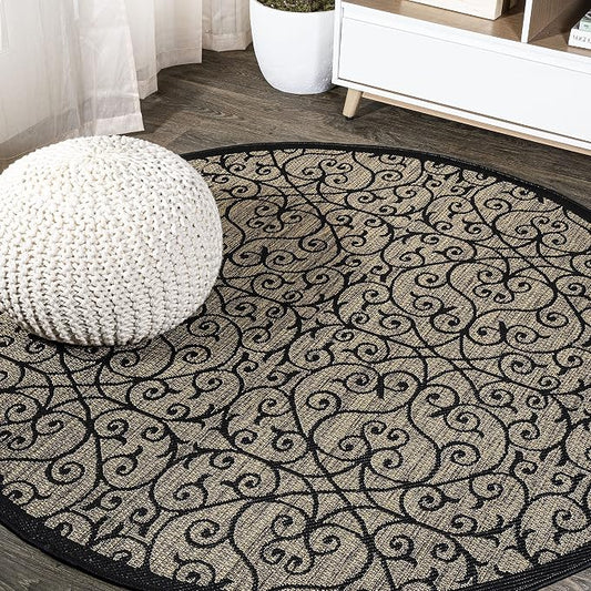 JONATHAN Y Vintage Filigree Indoor Outdoor Round Area Rug 3 Ft Black/Khaki by JONATHANY