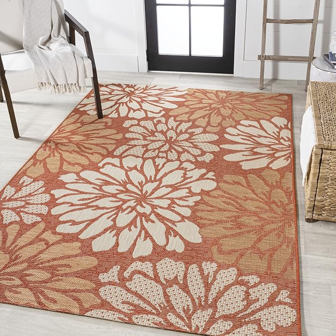 JONATHAN Y Floral Textured Weave Indoor Outdoor Area Rug 3X5 Orange/Cream - Image 3