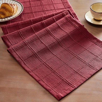 Linen Checked Farmhouse Table Runner, 13x90 Inches Burgundy | Raised Grid Design by ZEEMARTONLINE
