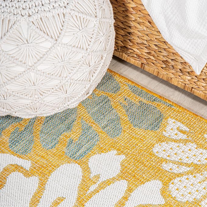 JONATHAN Y Floral Textured Weave Indoor Outdoor Square Area Rug 5X5 Yellow/Cream - Image 3