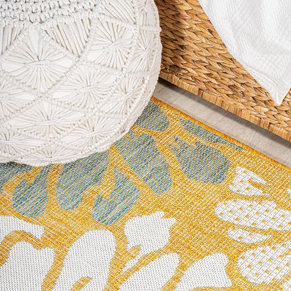 JONATHAN Y Floral Textured Weave Indoor Outdoor Round Area Rug 5 Ft Yellow/Cream - Image 3