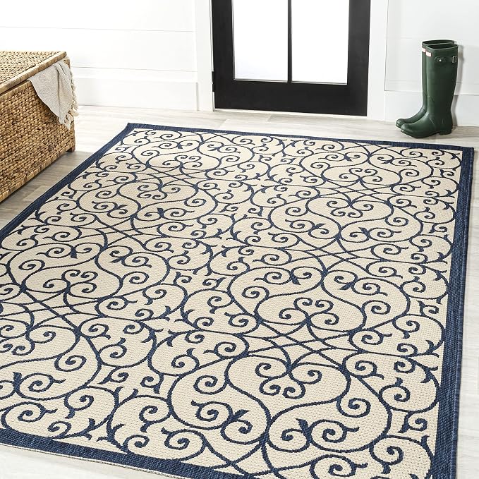 JONATHAN Y Vintage Filigree Indoor Outdoor Area Rug 5X8 Navy/Beige, Madrid - Image 3