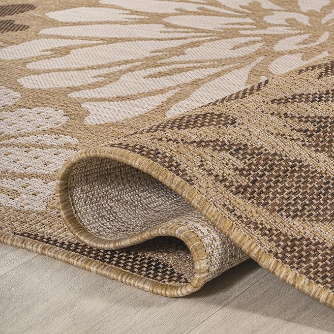 JONATHAN Y Floral Textured Weave Indoor Outdoor Round Area Rug 4 Ft Brown/Cream - Image 3