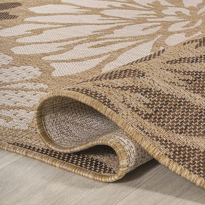 JONATHAN Y Floral Textured Weave Indoor Outdoor Round Area Rug 4 Ft Brown/Cream - Image 3