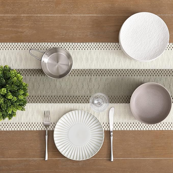 Macrame Style Bicolor Stitching Table Runner 14x108in Dark Sage | Woven Boho - Image 5