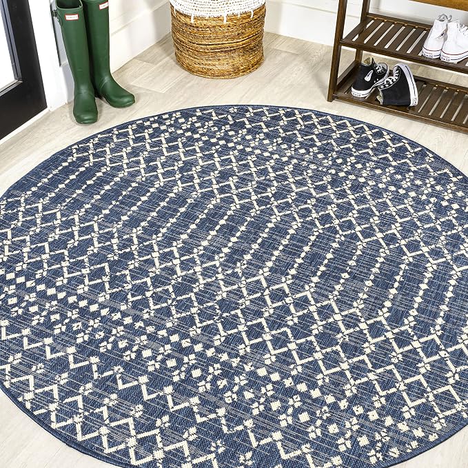 JONATHAN Y Moroccan Geometric Indoor Outdoor Round Area Rug 6 Ft Navy/Beige by JONATHANY