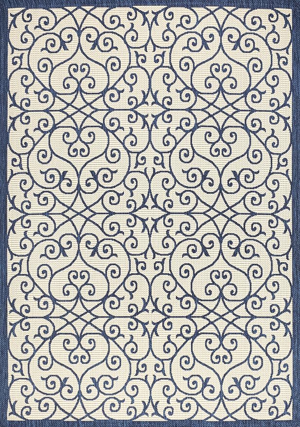 JONATHAN Y Vintage Filigree Indoor Outdoor Area Rug 5X8 Navy/Beige, Madrid - Image 8