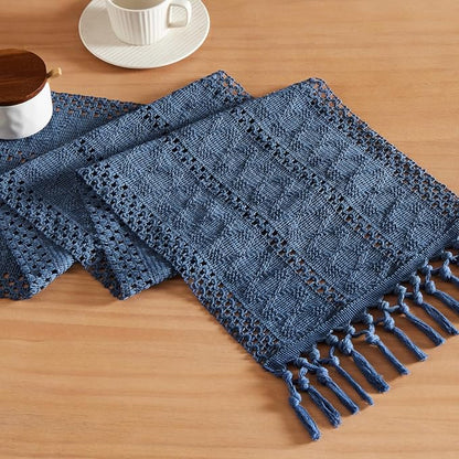 Macrame Style Boho Table Runner, 12x72 Inch Dusty Blue | Woven Boho Table Runner by ZEEMARTONLINE