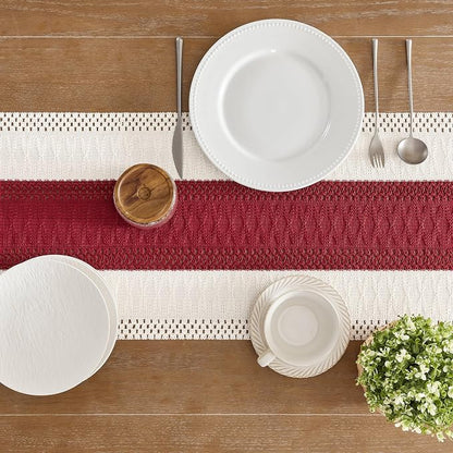 Macrame Style Bicolor Stitching Table Runner 14x60in Red | Woven Boho Table - Image 5