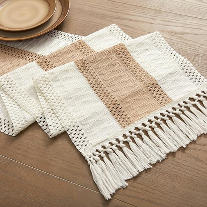 Macrame Style Bicolor Stitching Table Runner 14x60in Beige | Woven Boho Table - Image 7