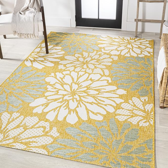 JONATHAN Y Floral Textured Weave Indoor Outdoor Area Rug 5X8 Yellow/Cream - Image 3