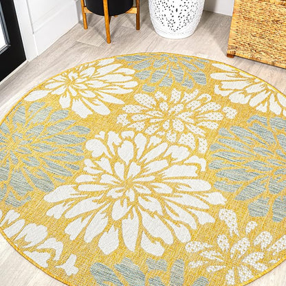 JONATHAN Y Floral Textured Weave Indoor Outdoor Round Area Rug 5 Ft Yellow/Cream by JONATHANY