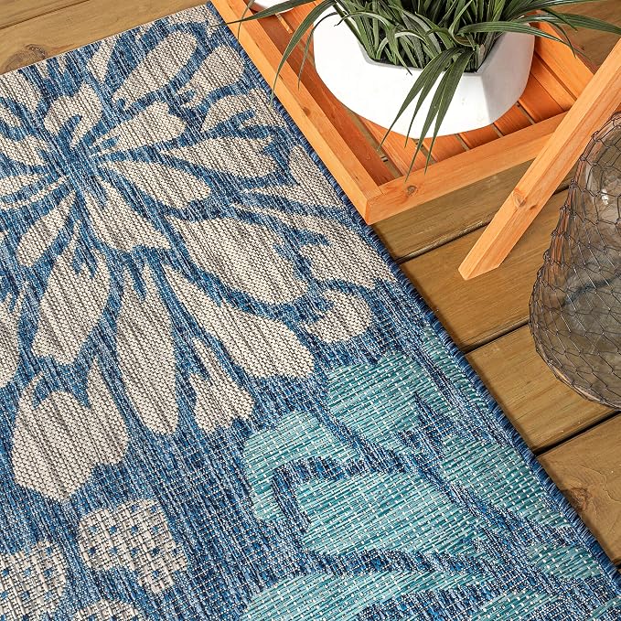 JONATHAN Y Floral Textured Weave Indoor Outdoor Square Area Rug 6X6 Navy/Aqua - Image 3